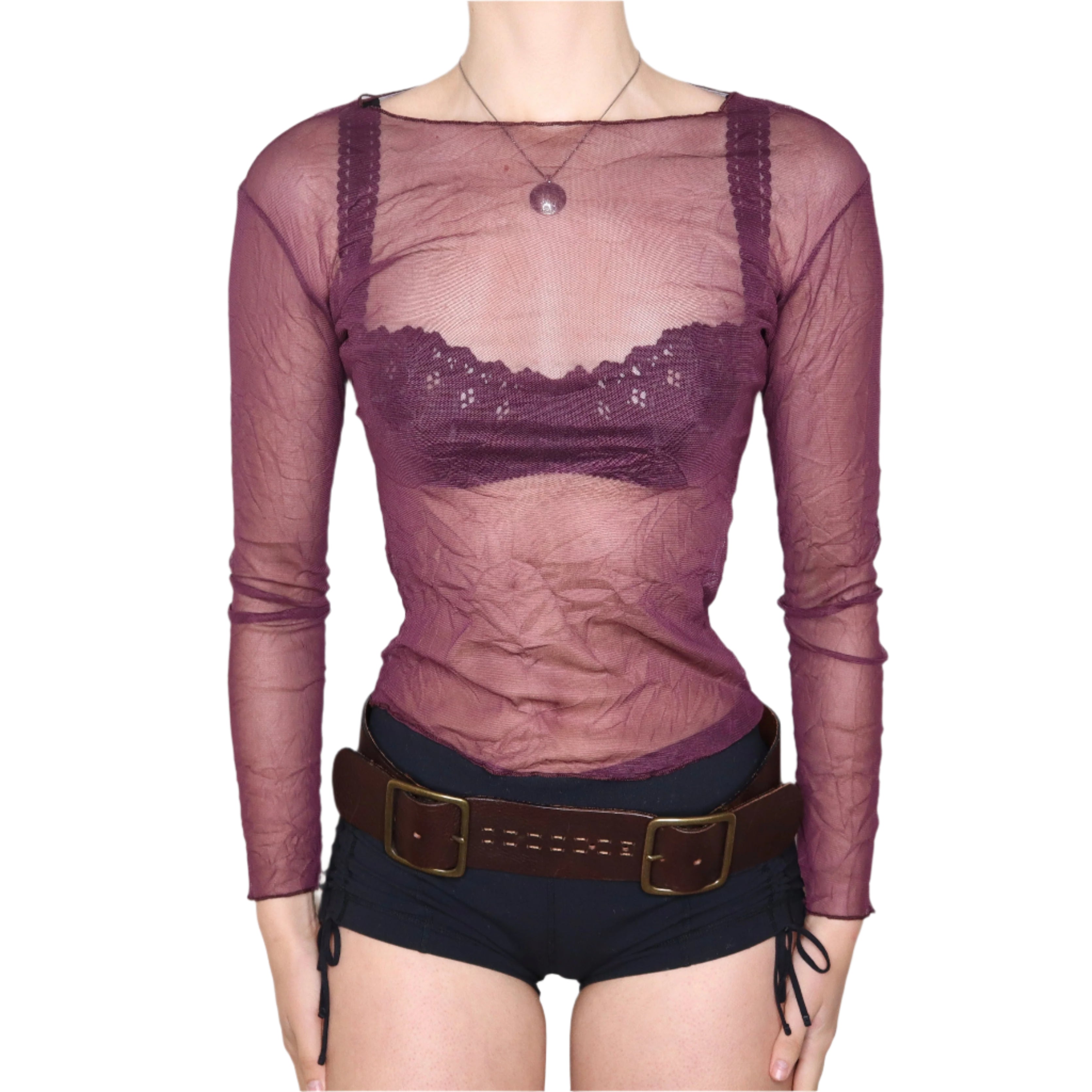 90s French Maroon Crinkle Mesh Long Sleeve Top (M)