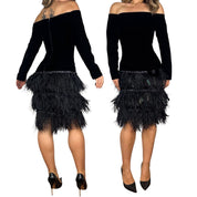Feather Trim Velvet Off The Shoulder Dress (S)