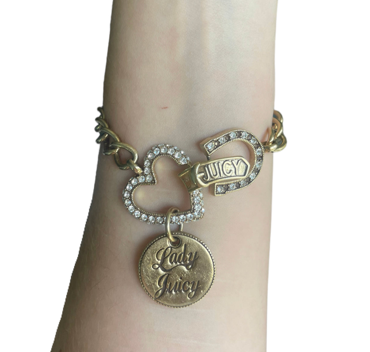 2000s Juicy Couture Gold Chain Bracelet with Rhinestone Heart & Horseshoe, Dangling Charm