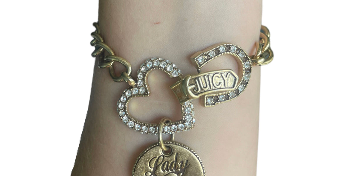2000s Juicy Couture Gold Chain Bracelet with Rhinestone Heart
