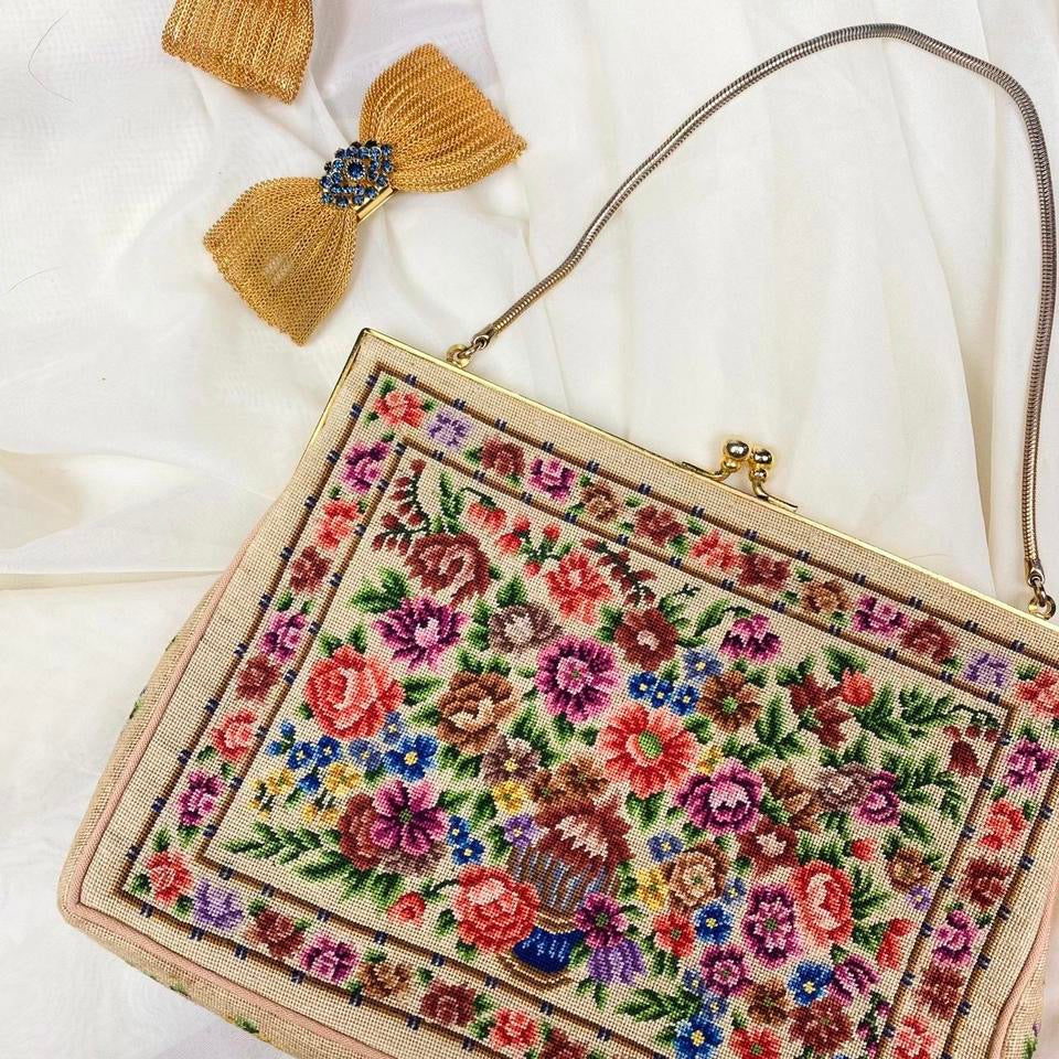 Vintage Floral Needlepoint Evening Bag
