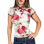 Y2K Slinky Floral Asian Inspired Top (M)