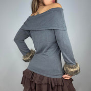 Vintage Fur Trim Off The Shoulder Knit (M/L)