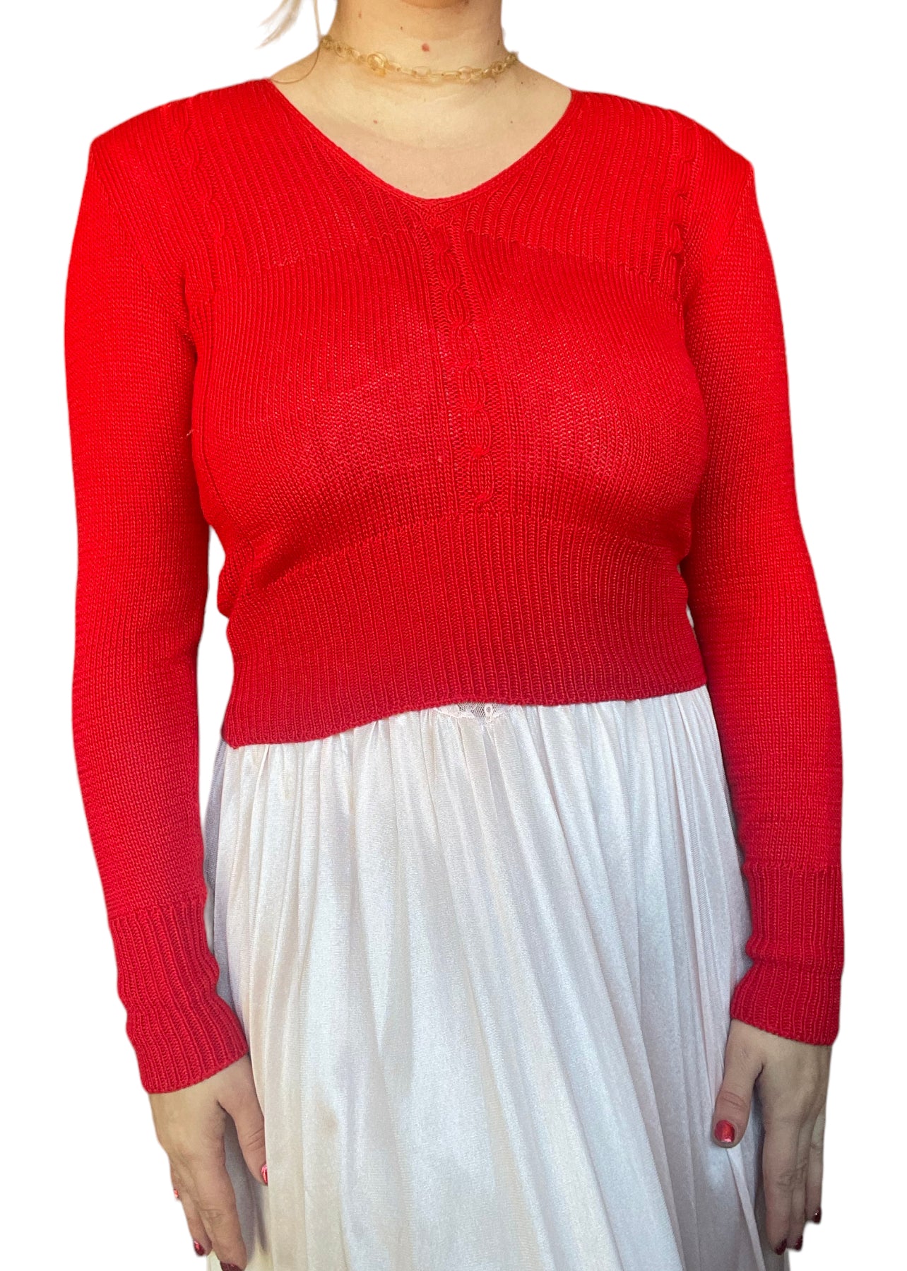 1970s Red Knit Sweater Top (S)