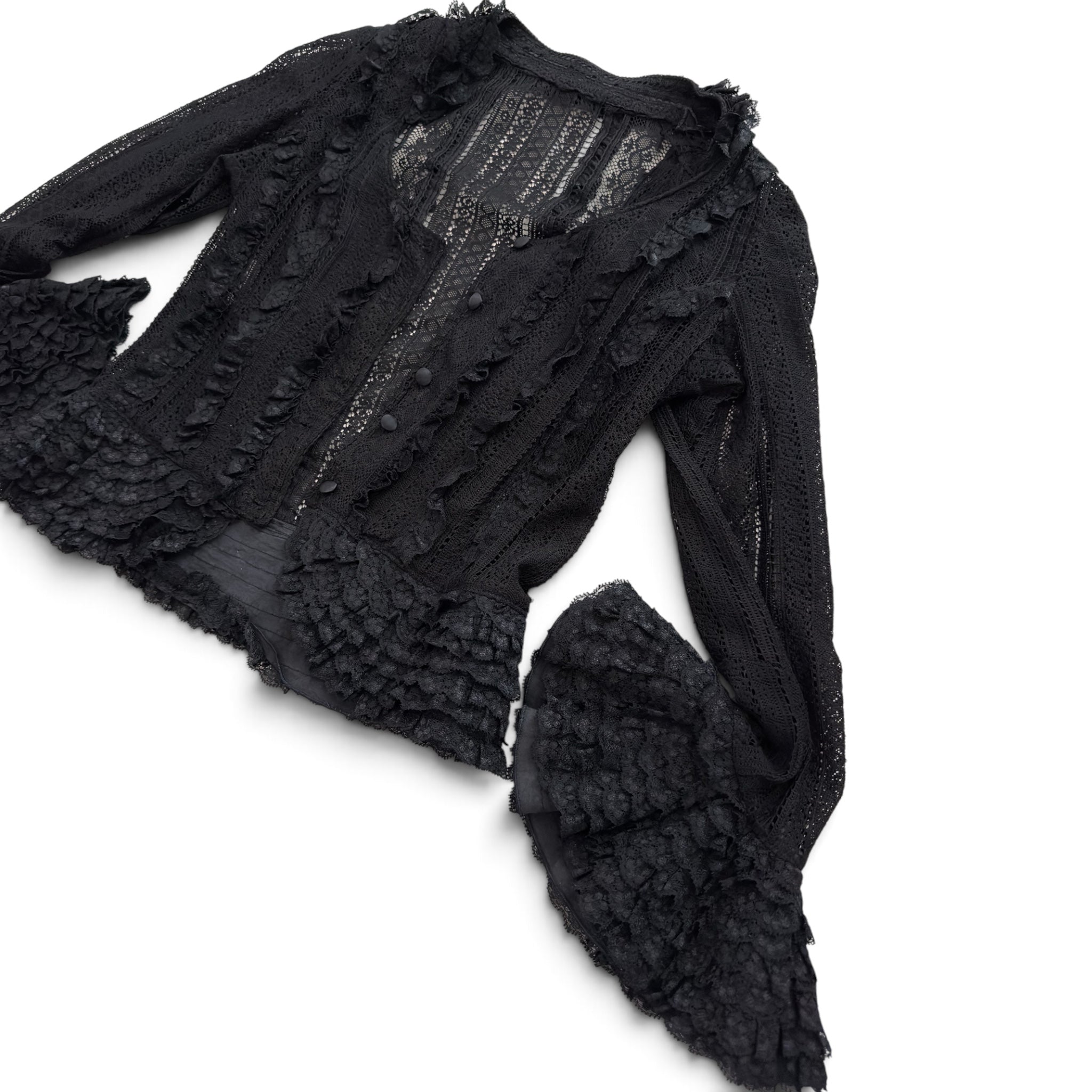 Vintage black ruffle button up blouse S/M)