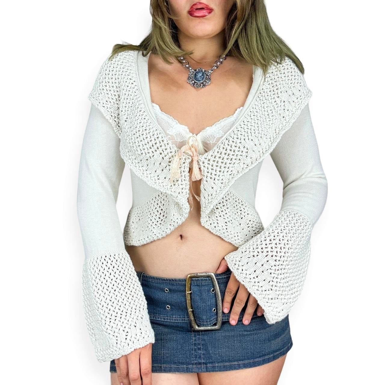 2000s Crochet Ruffle Bell Sleeve Cardigan (S)