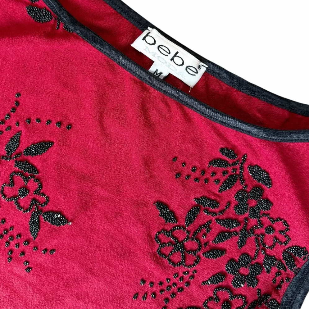 Bebe Red & Black Beaded Floral Tank (M)