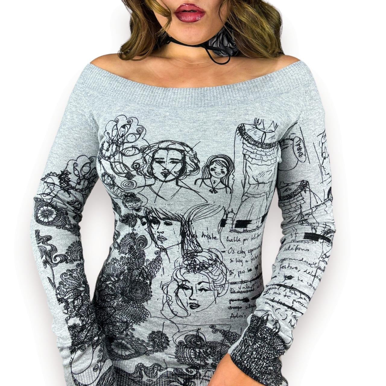 Desigual 2000s Off the Shoulder Graphic Knit (M)