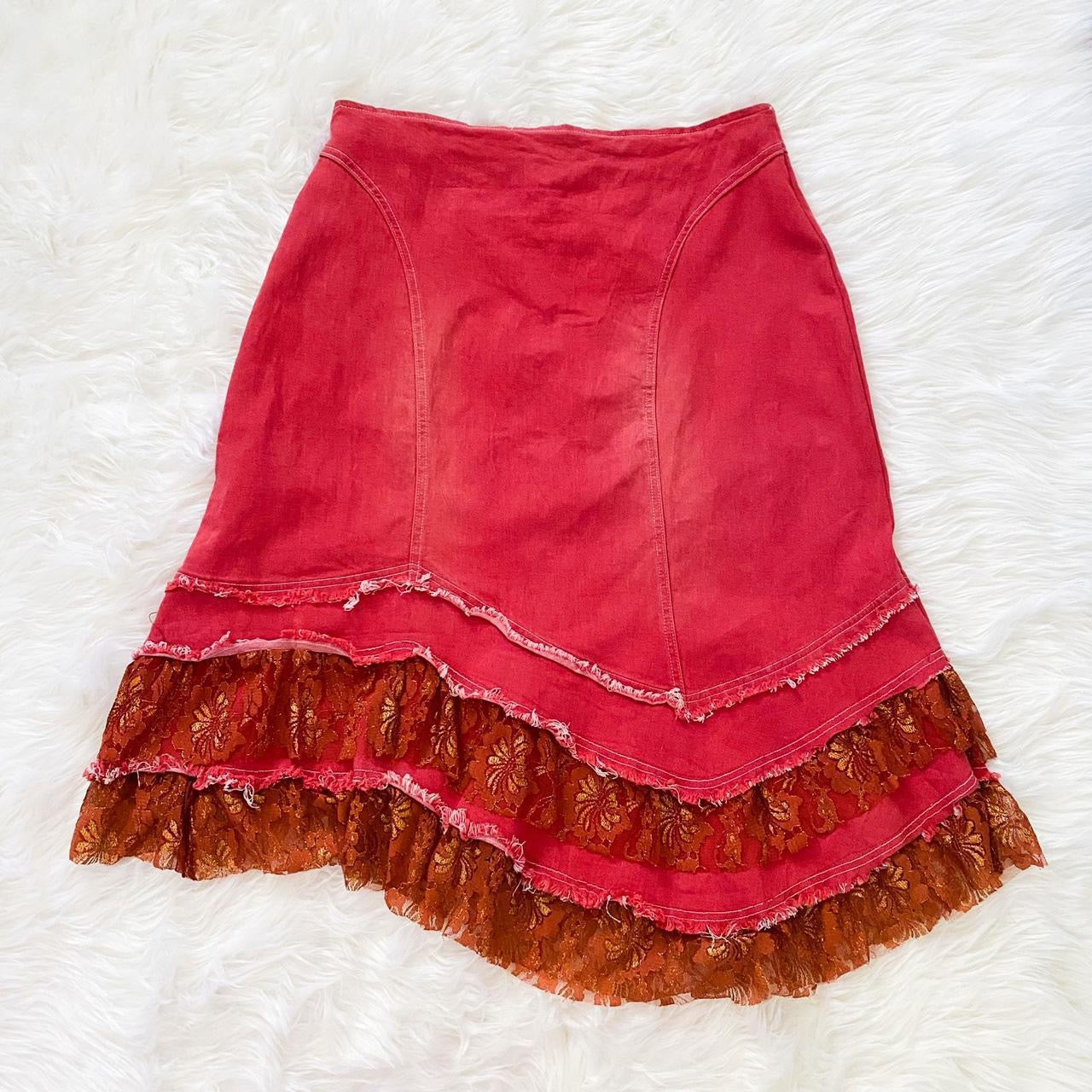 2000s Lacy Red Denim Skirt (XL)