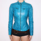 Y2K Sexy Blue Leather Moto Jacket (XS)