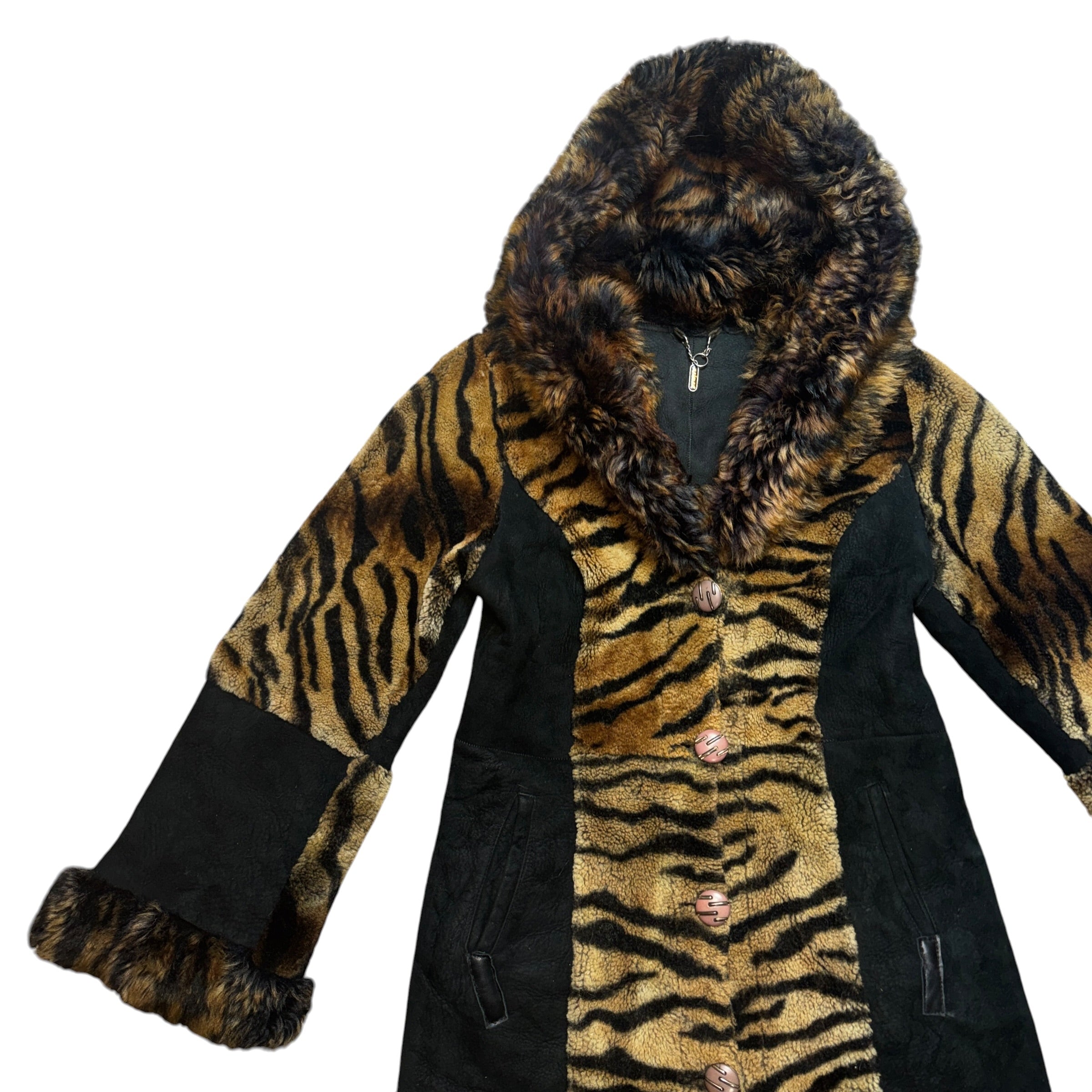 Vintage Genuine Suede & Shearling Tiger Print Fur Coat (L/XL)