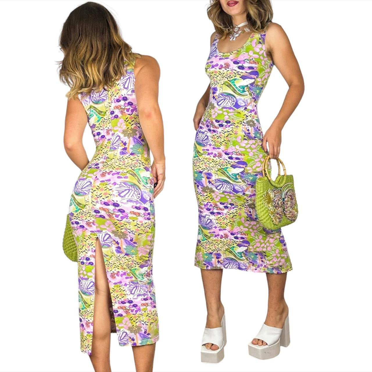 90s Geisha Print Floral Midi Dress (S)