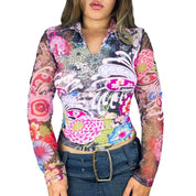 90s Psychedelic Floral Mesh Sleeve Top (L)