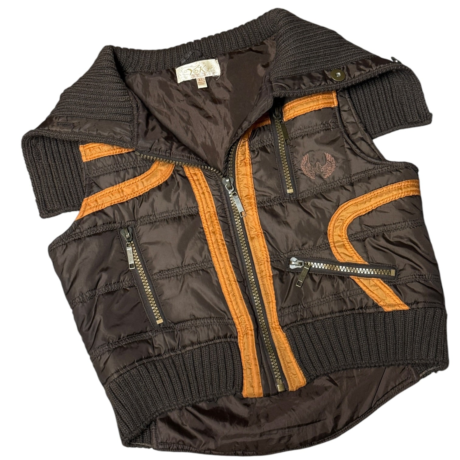 Y2K yoki brown & orange puffer vest (XL)
