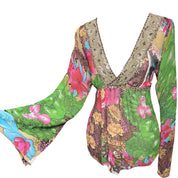 Unique print bell sleeve tie back babydoll top (M)