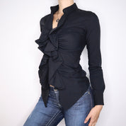 Y2K Designer Black Ruffle Zip Up Blouse (S)