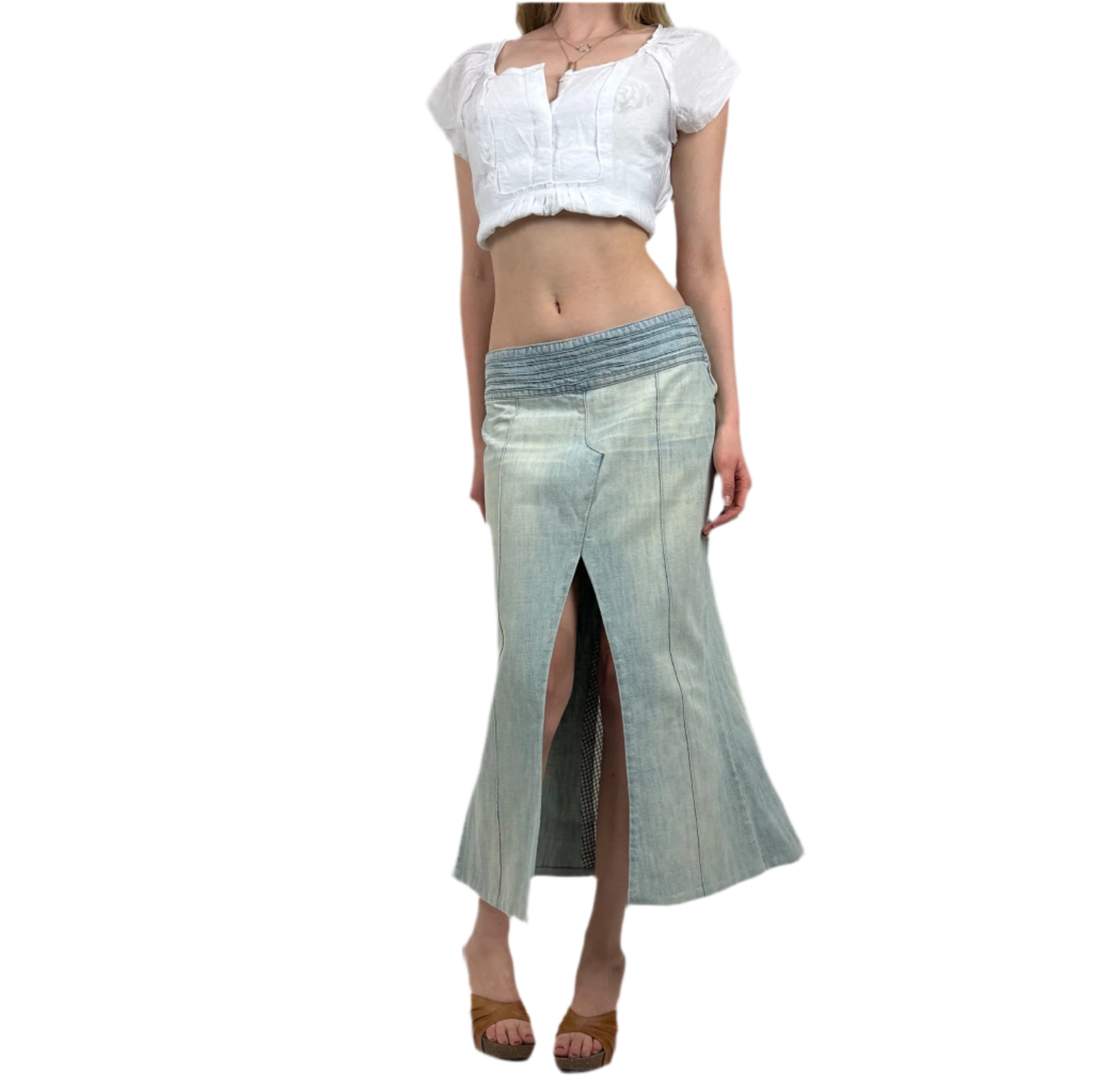 2000s Low Rise Slitted Denim Maxi Skirt (S)
