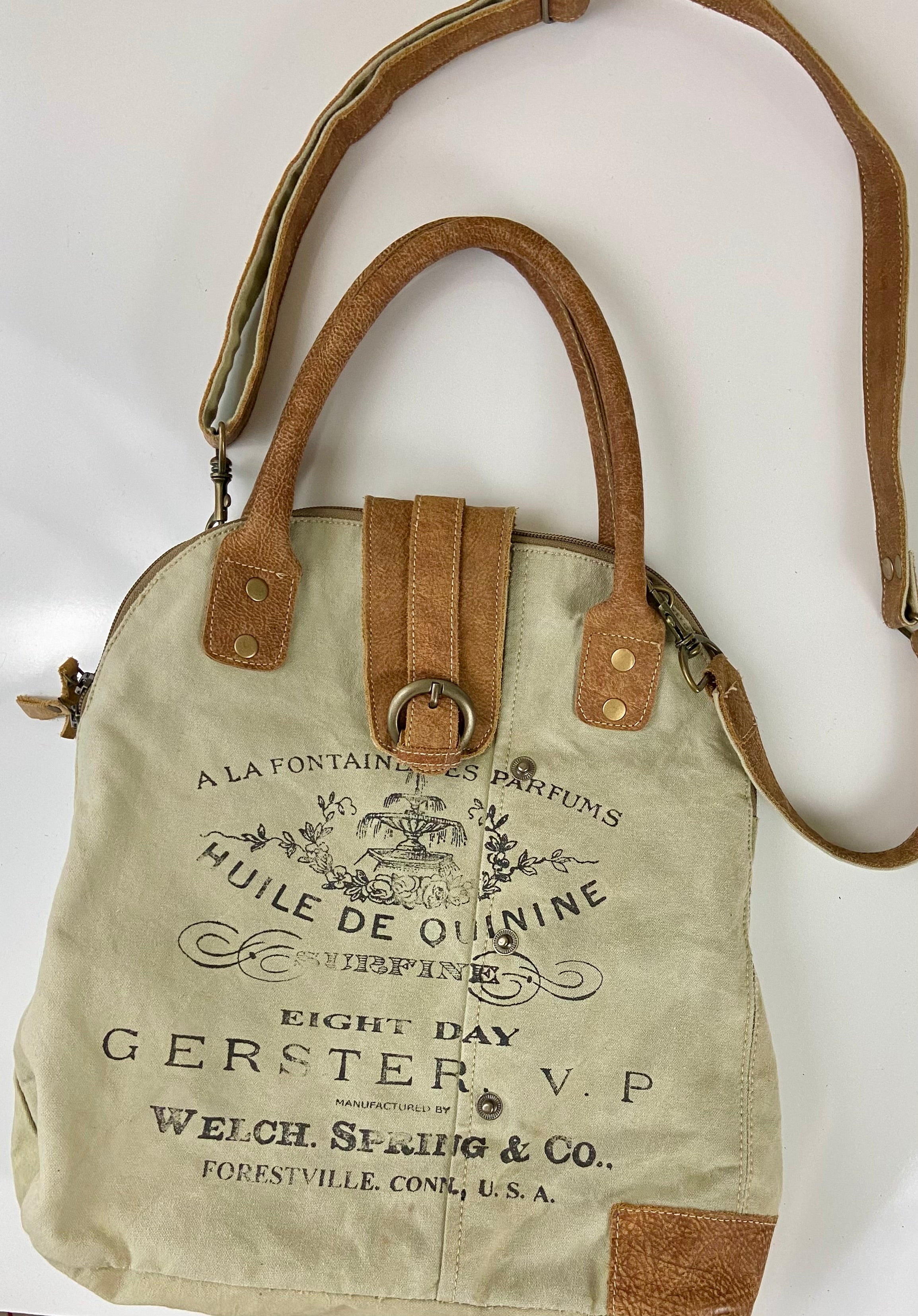 Myra Bag Upcycled Gerster Shoulder Bag Leather Canvas Accents Crossbody Strap