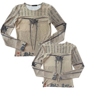 Y2K micromesh Chinese graphic longsleeve top (S)