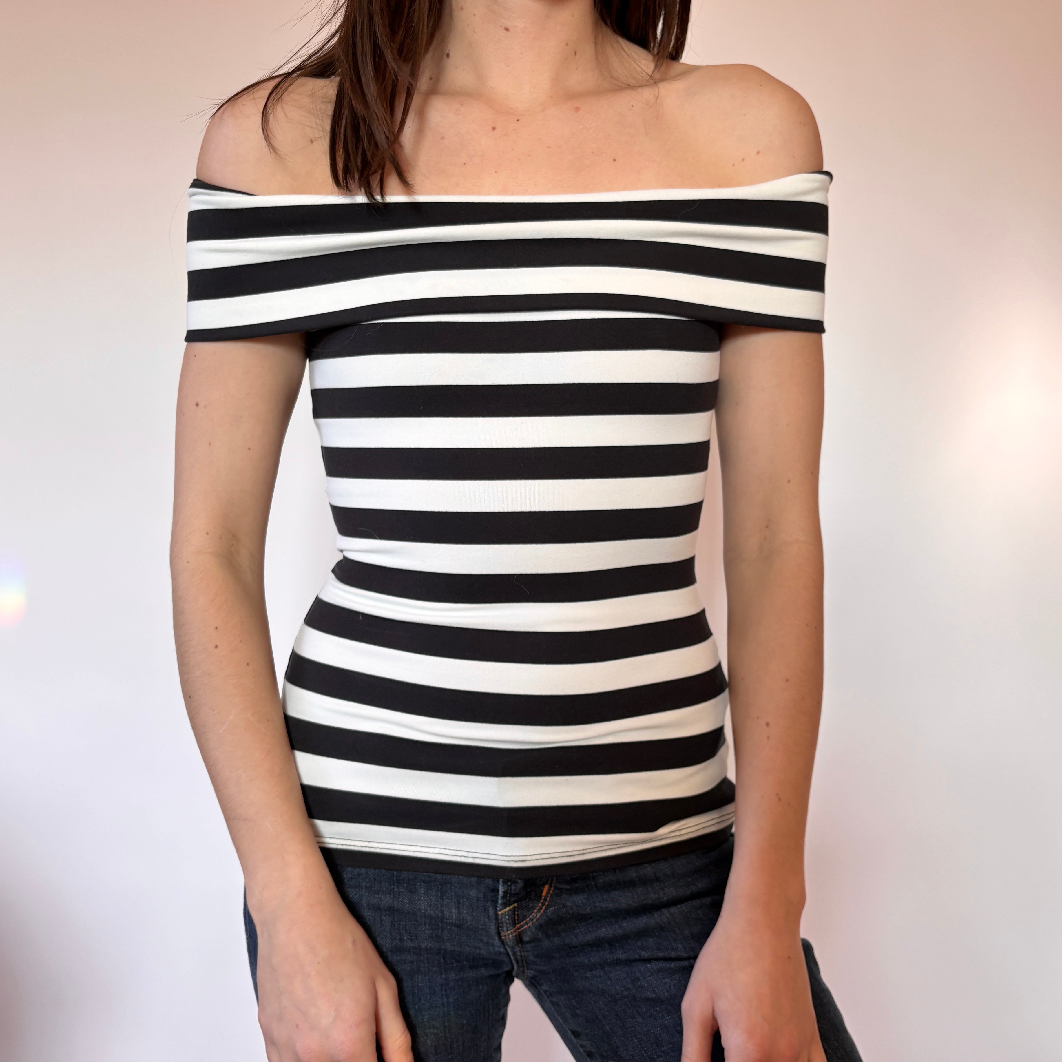 Bebe Y2K Striped Off Shoulder Top (XXS)