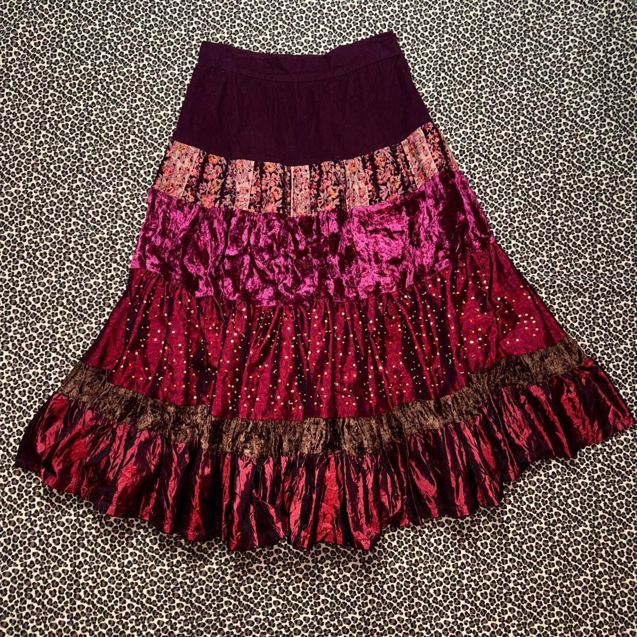 Y2K Burgundy Corduroy & Velvet Tiered Maxi Skirt (M/L)