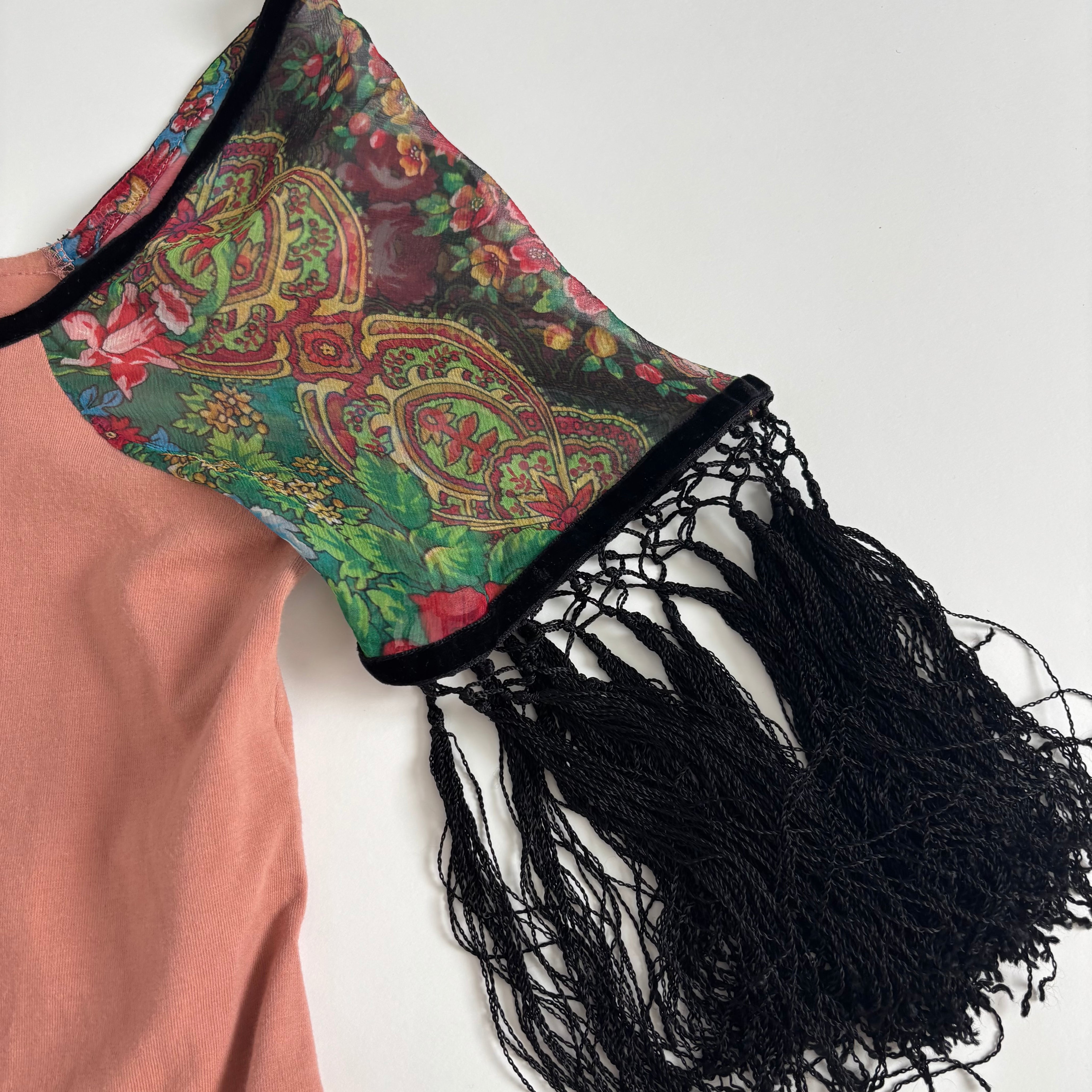 Italian Russian Doll Top with Silk Fringe Sleeves (M)
