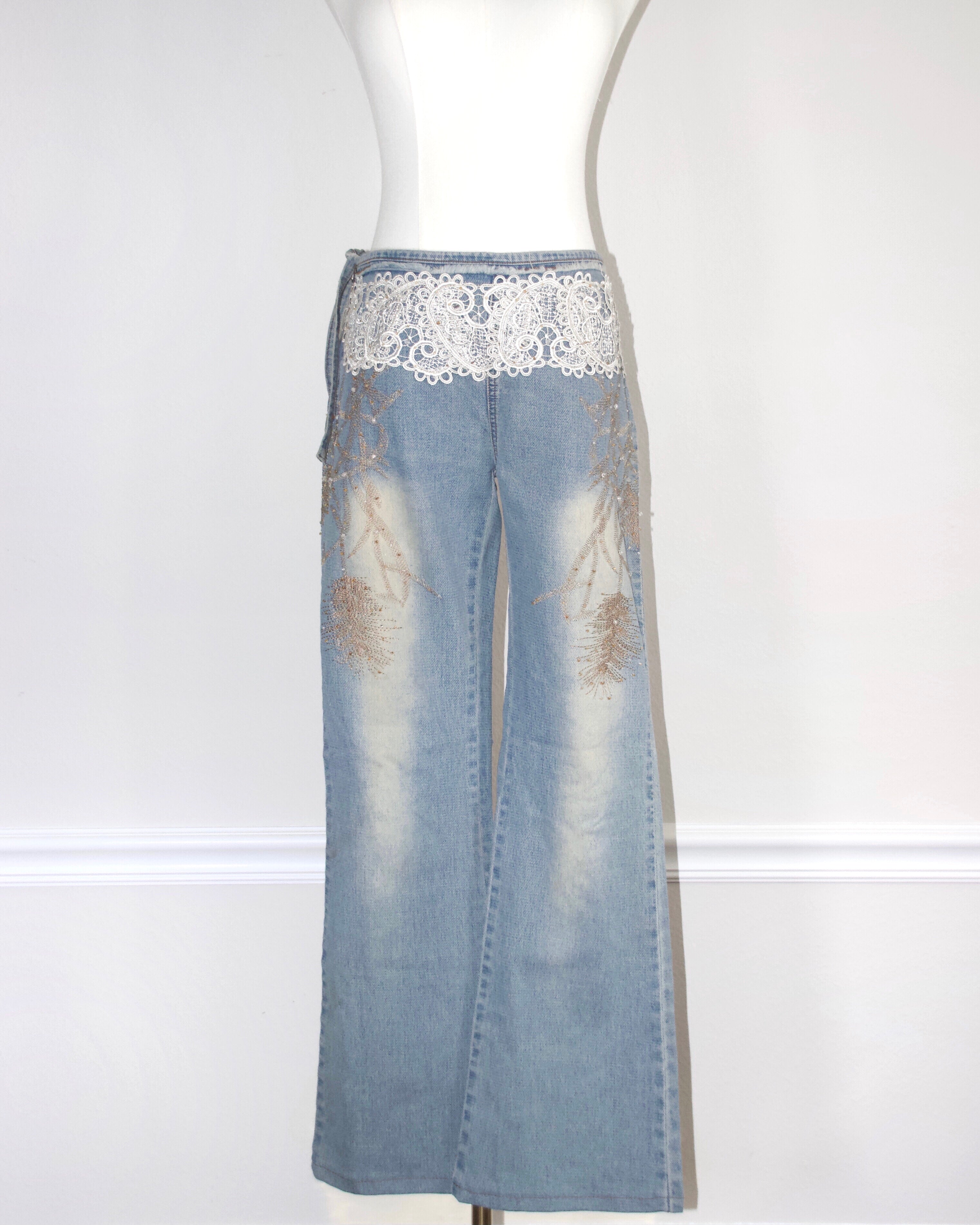 Crochet Beaded Denim Jeans (M)