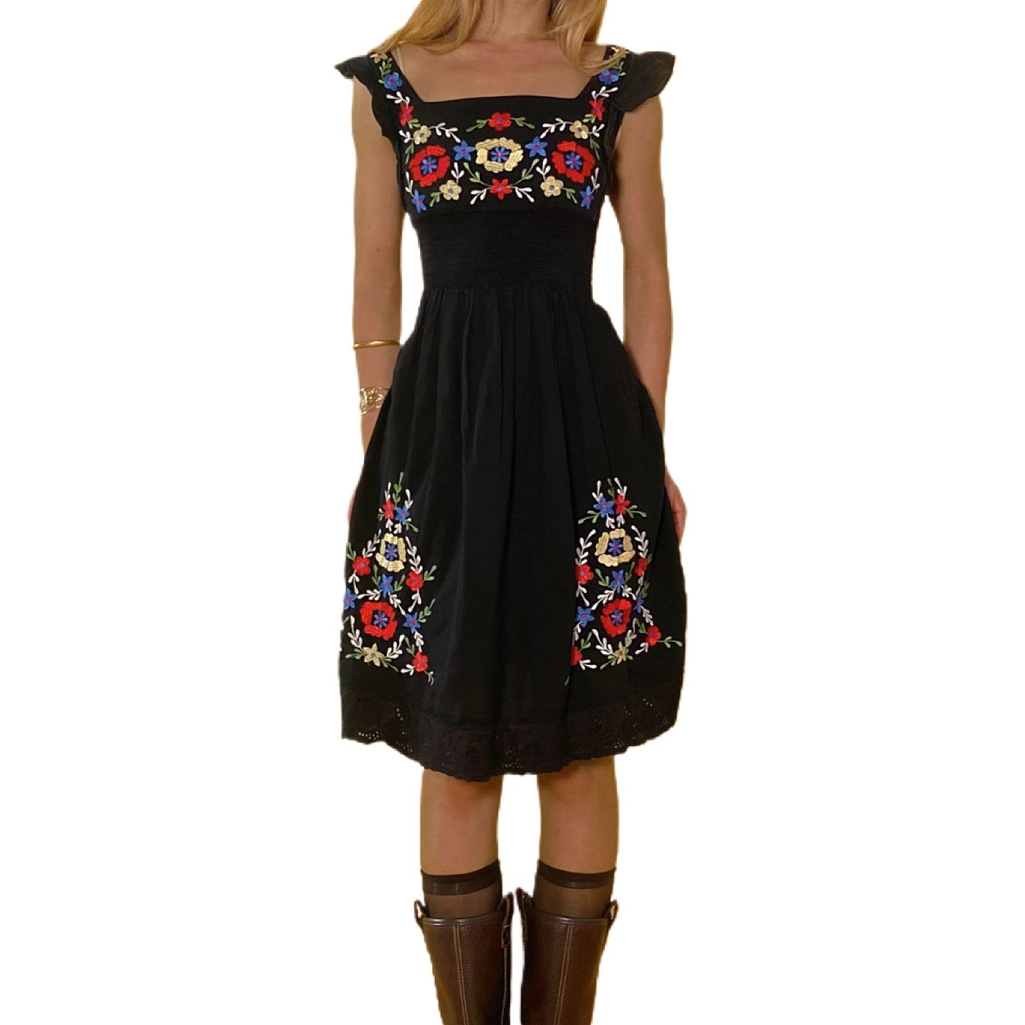 Vintage Floral Linen Peasant Dress (S)