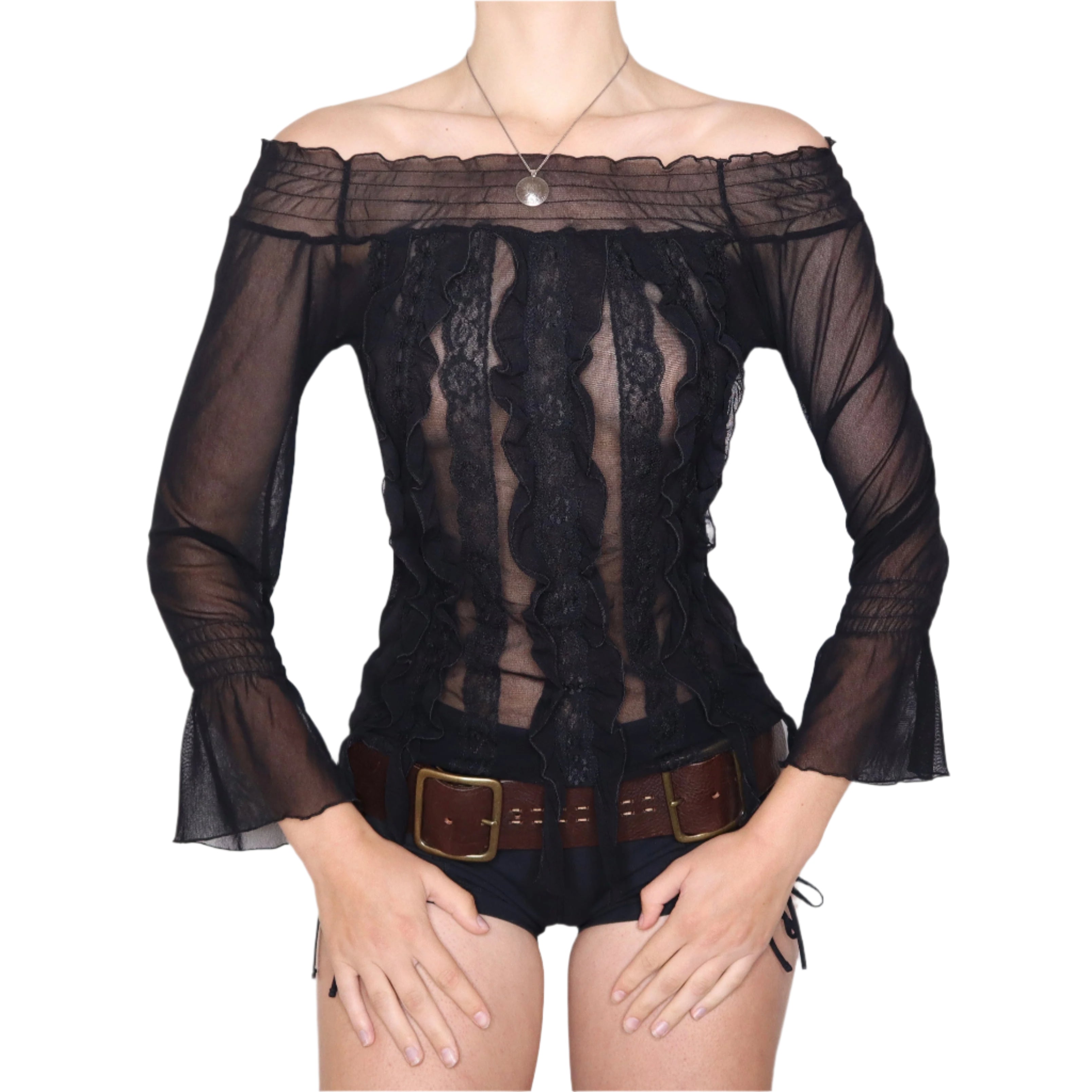 Y2K Italian Black Mesh Off the Shoulder Top (S/M)