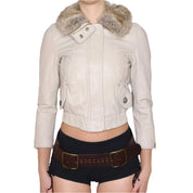 Y2K Cream Leather Cropped Jacket (XS)