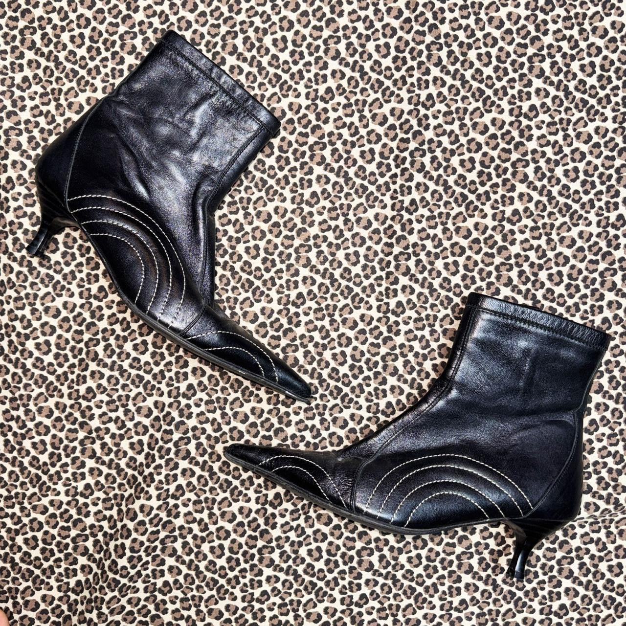 Y2K Stitched Black Leather Pointed Toe Kitten Heel Ankle Boots (7)