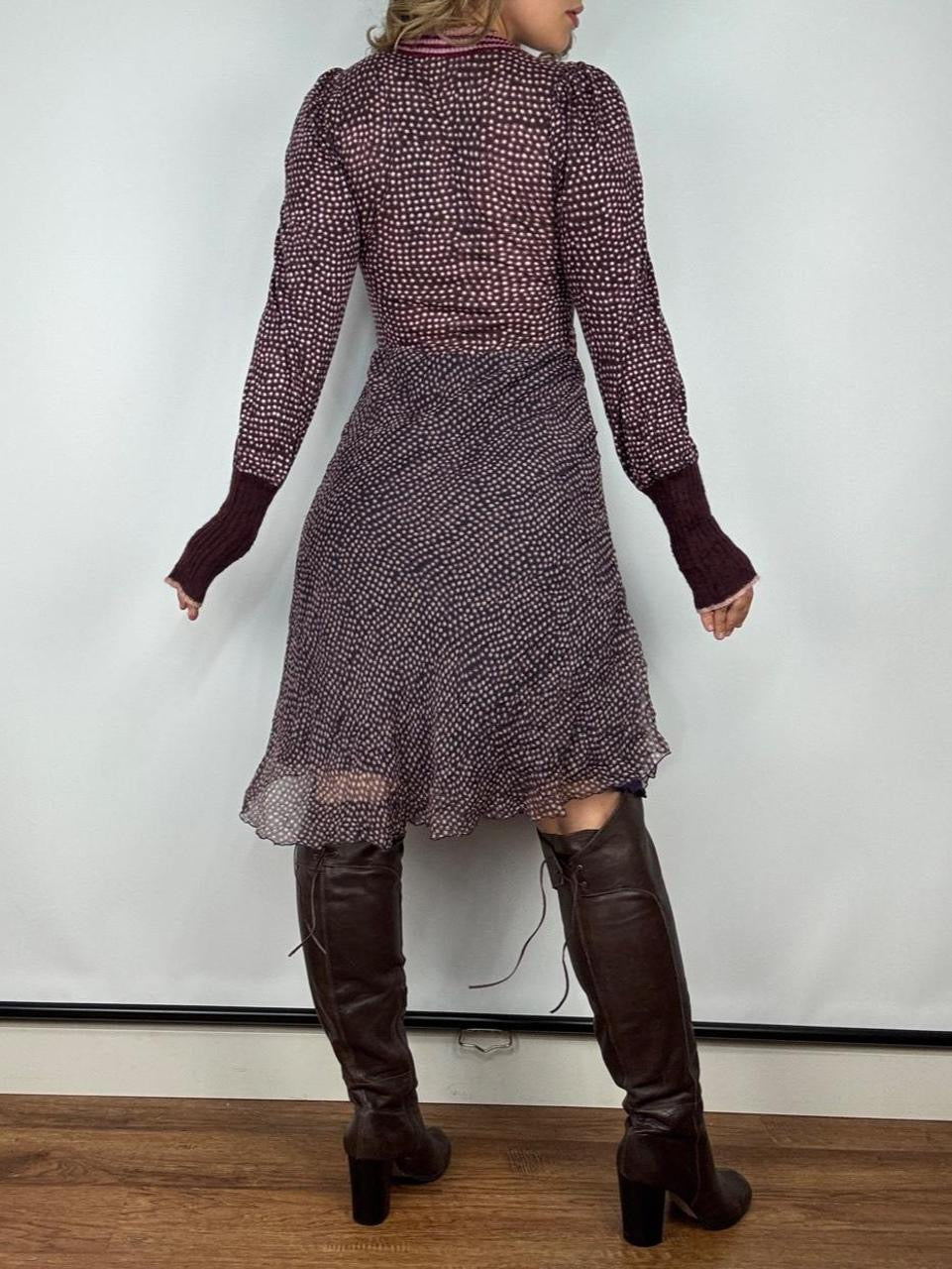 Embroidered Italian Silk & Knit Plum Polka Dot Midi Dress (S)