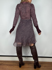 Embroidered Italian Silk & Knit Plum Polka Dot Midi Dress (S)