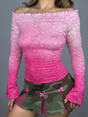 2000s pink lace ombré off the shoulder top (XS/S)