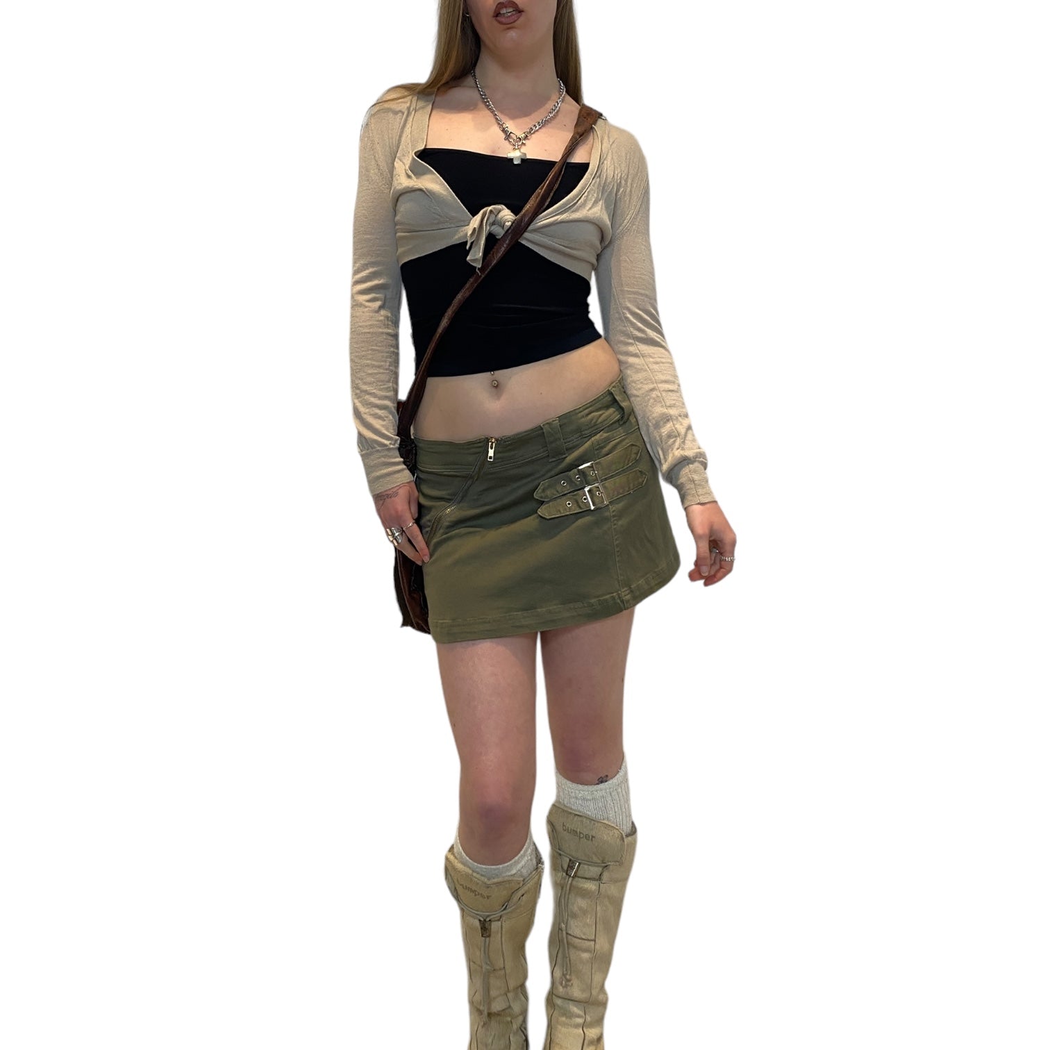 Y2K Khaki Zipper Mini Skirt (s)