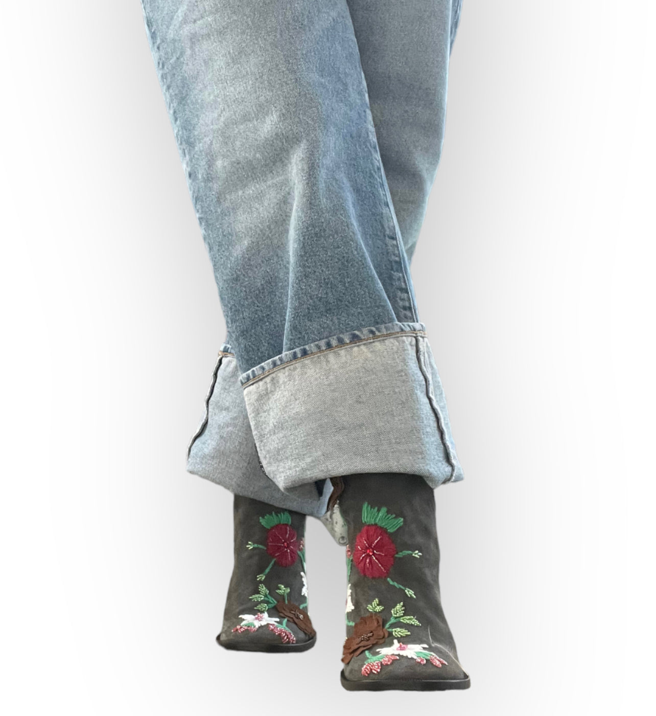 90s Dolce & Gabbana Grey Suede Knee-High Boots with Floral Embroidery and Beading (8.5)