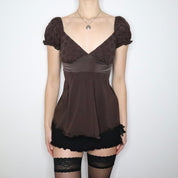 Y2K BEBE Brown Eyelet Lace Babydoll Blouse (XS)