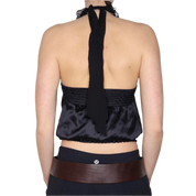 Y2K BEBE Black Silk Ruffle Halter Top (S)