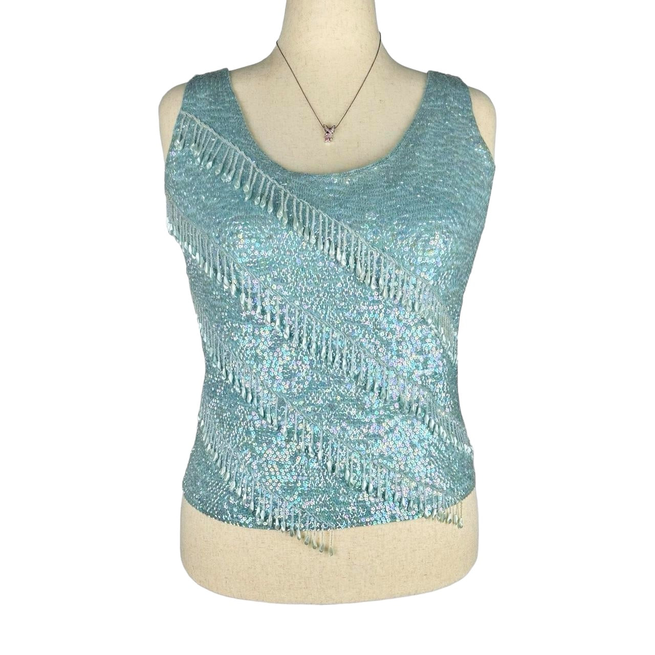 60s Baby Blue Beaded Wool Bustier (XL)