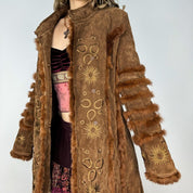 Celestial Embroidered Velvet Genuine Fur Trim Coat (L)