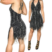 90s Beaded Silk Fringe Halter Dress (S/M)