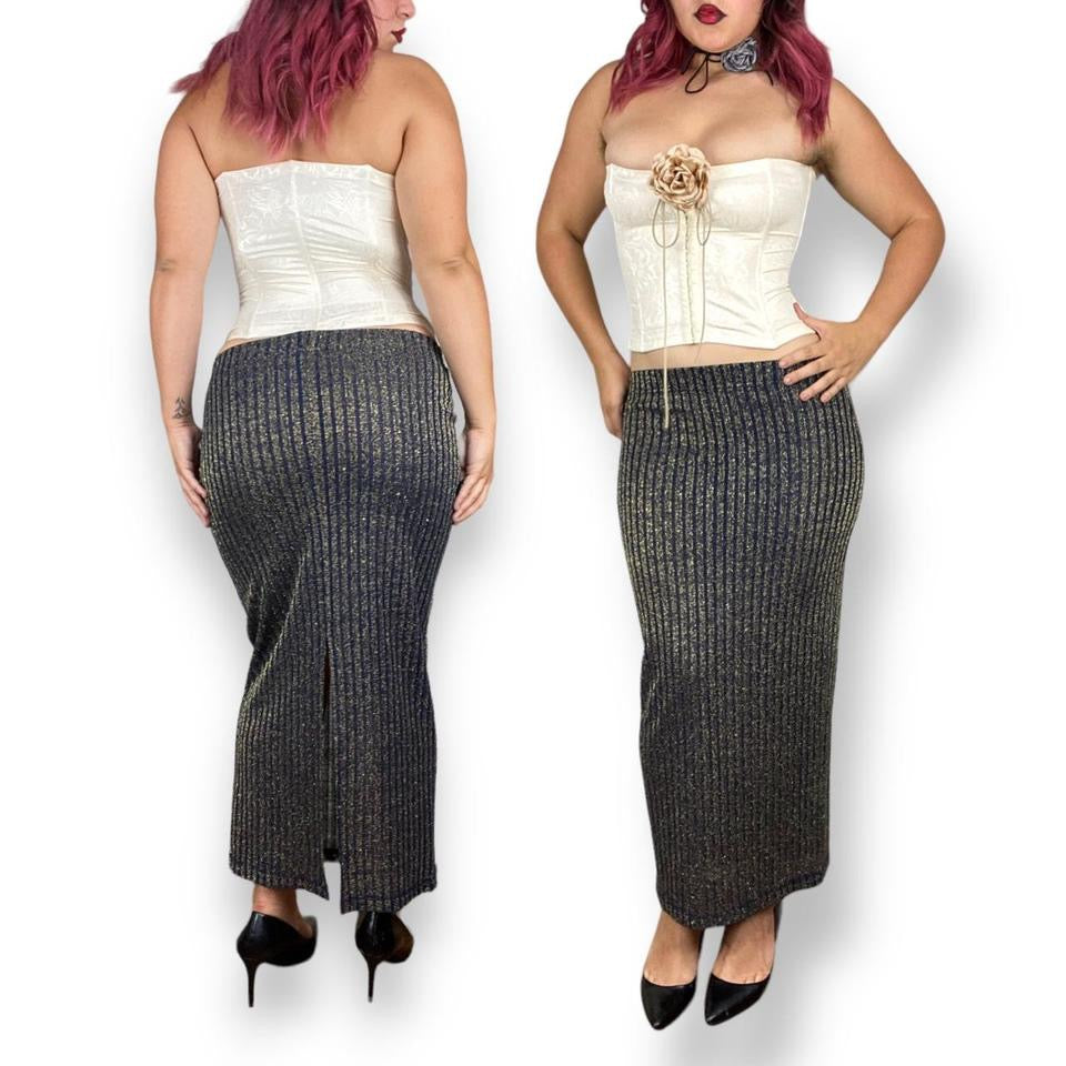90s Navy Knit Shimmer Skirt (S)