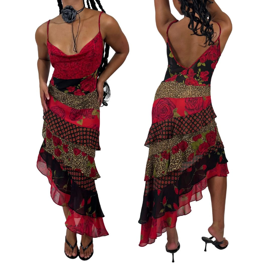 2002 VS Rose & Leopard Print Flutter Maxi Dress (M/L)