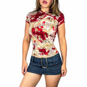 Y2K Slinky Floral Asian Inspired Top (M)