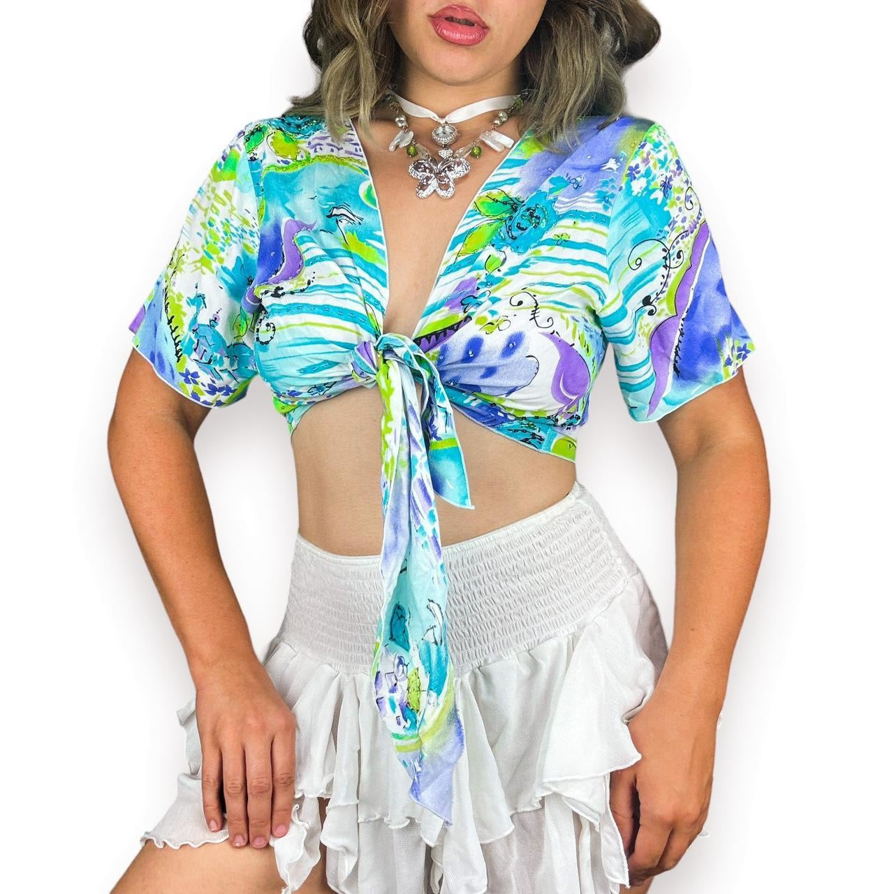 90s Beaded Tie Front Crop Top (M)