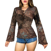 Boho Patchwork Lace Up Blouse (M)