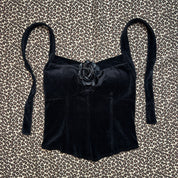 90s Romantic Gothic Black Stretch Velvet Halter Corset Top (M)