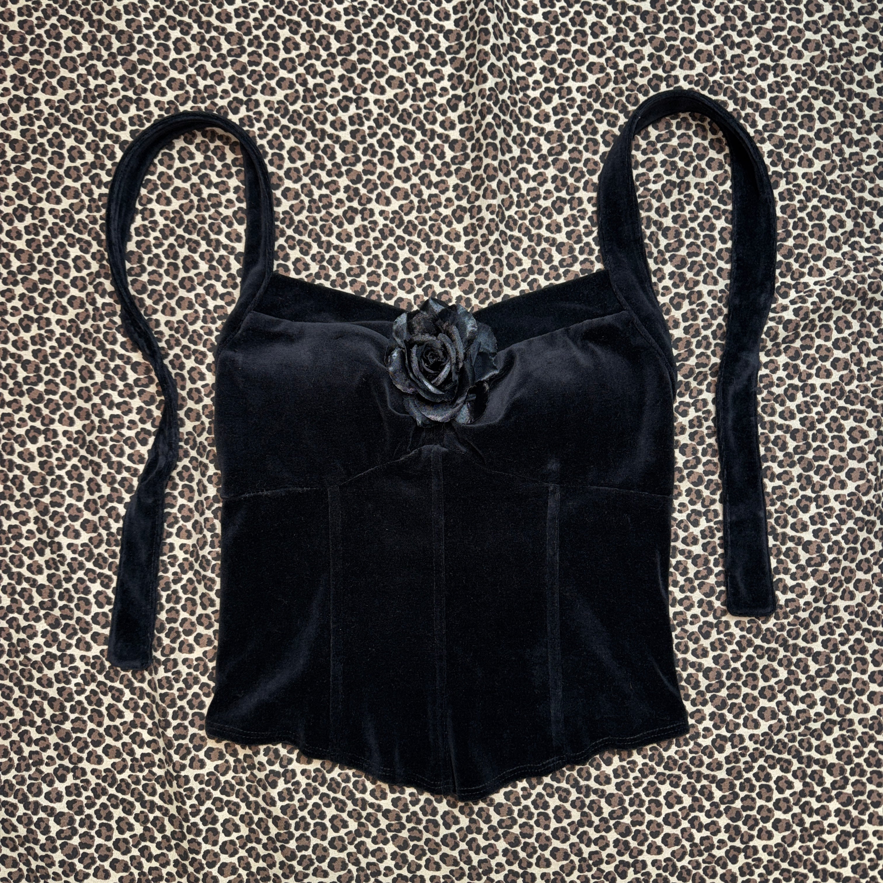 90s Romantic Gothic Black Stretch Velvet Halter Corset Top (M)