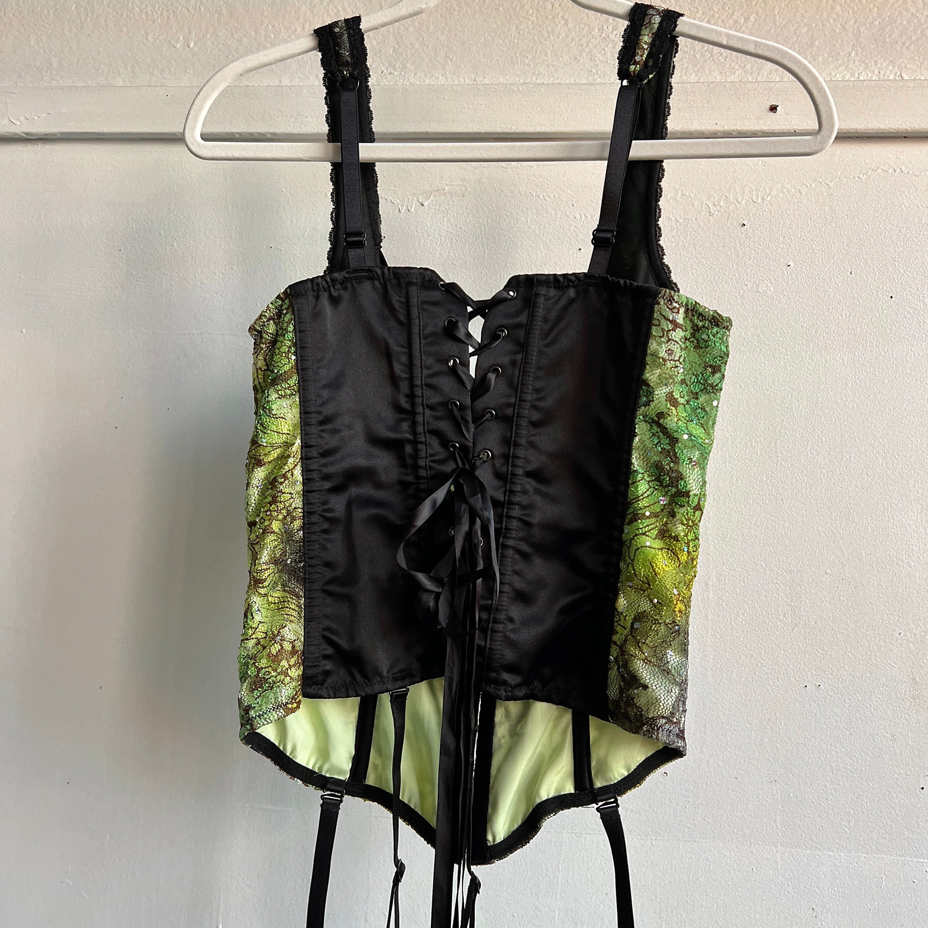 Y2K Green lace & black velvet corset - M/L