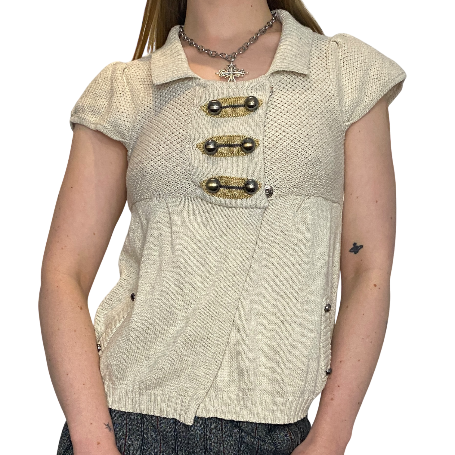 Vintage Military Capped Sleeve Knit Top (S)